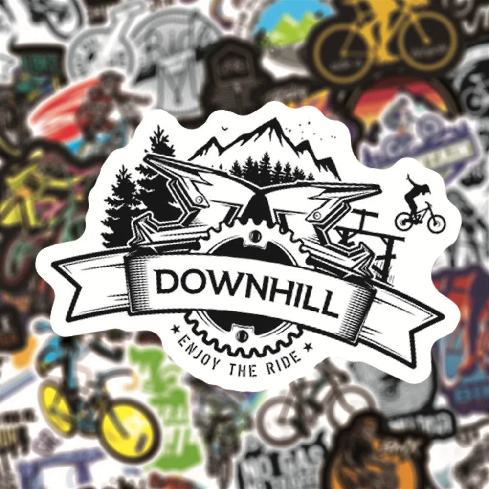 Pack of 50 bicycle and mountain bike themed self-adhesive decal stickers.
