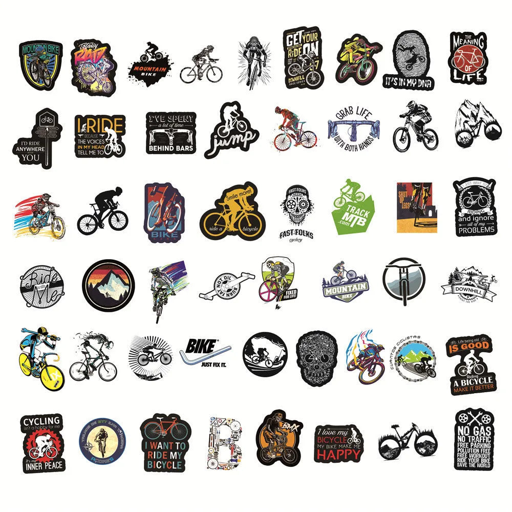 Pack of 50 bicycle and mountain bike themed self-adhesive decal stickers.