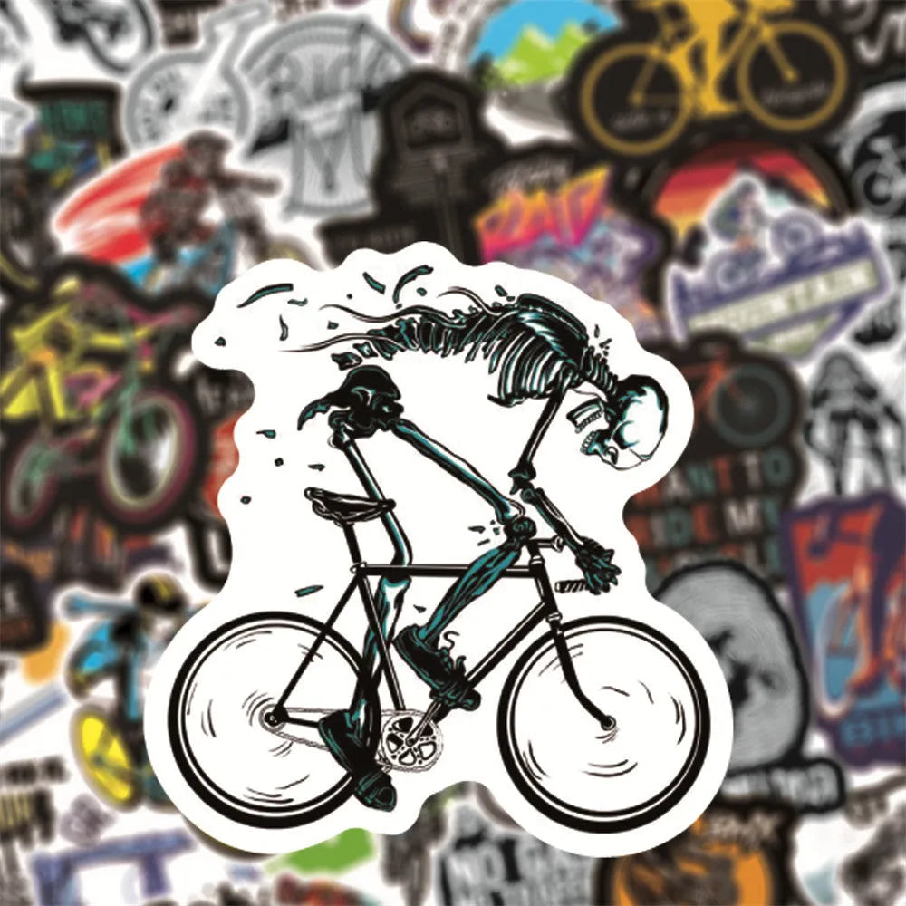 Pack of 50 bicycle and mountain bike themed self-adhesive decal stickers.