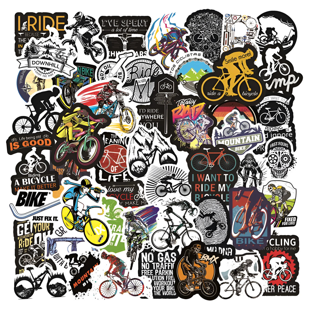 Pack of 50 bicycle and mountain bike themed self-adhesive decal stickers.