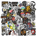 Pack of 50 bicycle and mountain bike themed self-adhesive decal stickers.