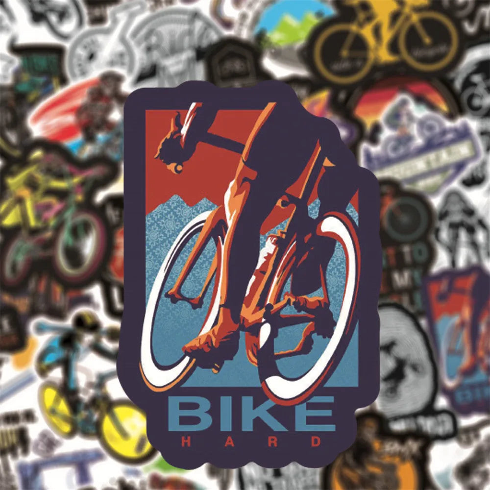 Pack of 50 bicycle and mountain bike themed self-adhesive decal stickers.