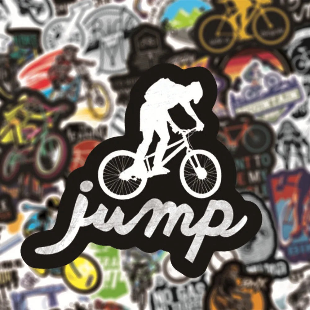 Pack of 50 bicycle and mountain bike themed self-adhesive decal stickers.