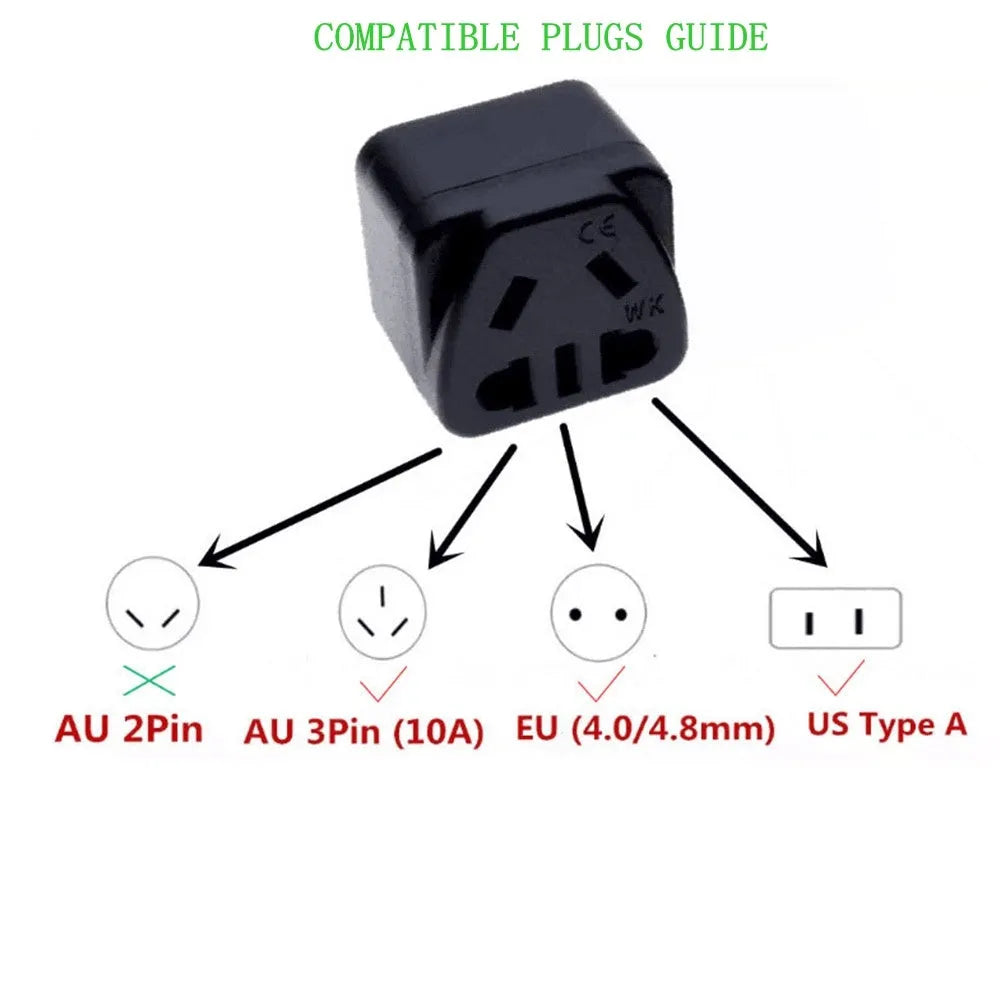 Square three-pin universal power adapter for UK sockets in white or black colour