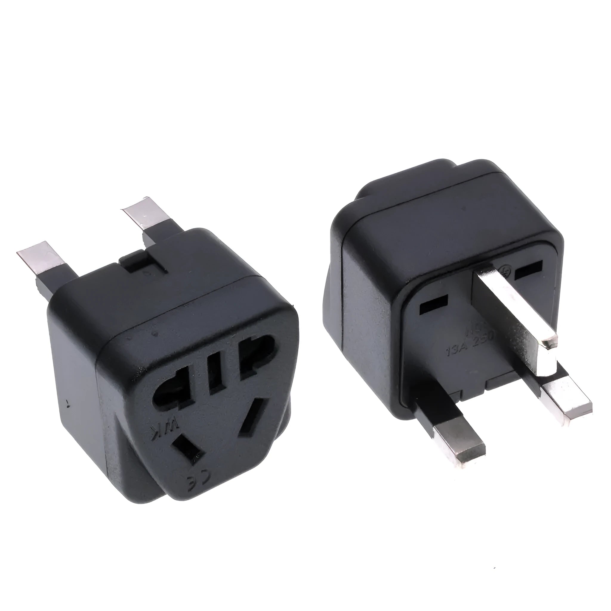 Square three-pin universal power adapter for UK sockets in white or black colour