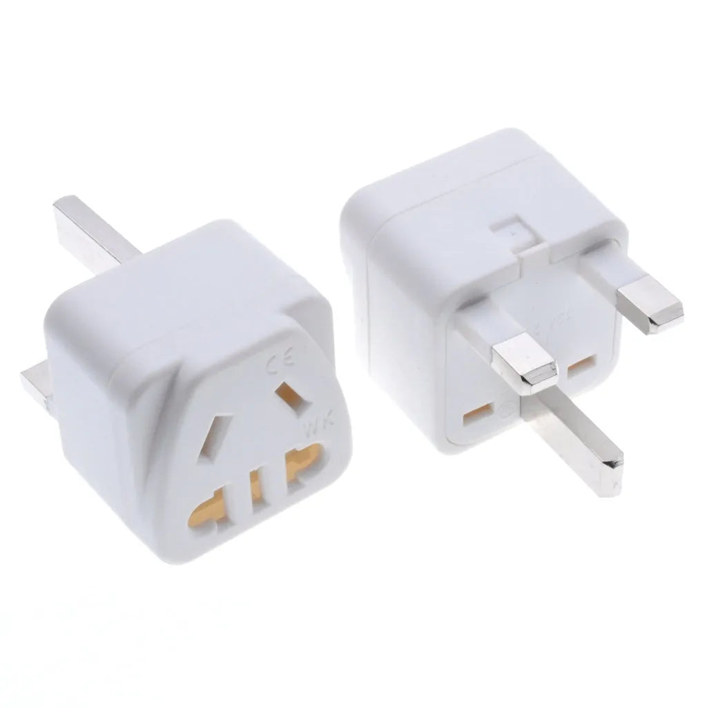 Square three-pin universal power adapter for UK sockets in white or black colour