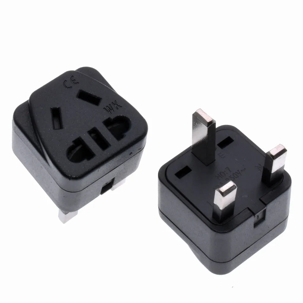 Square three-pin universal power adapter for UK sockets in white or black colour