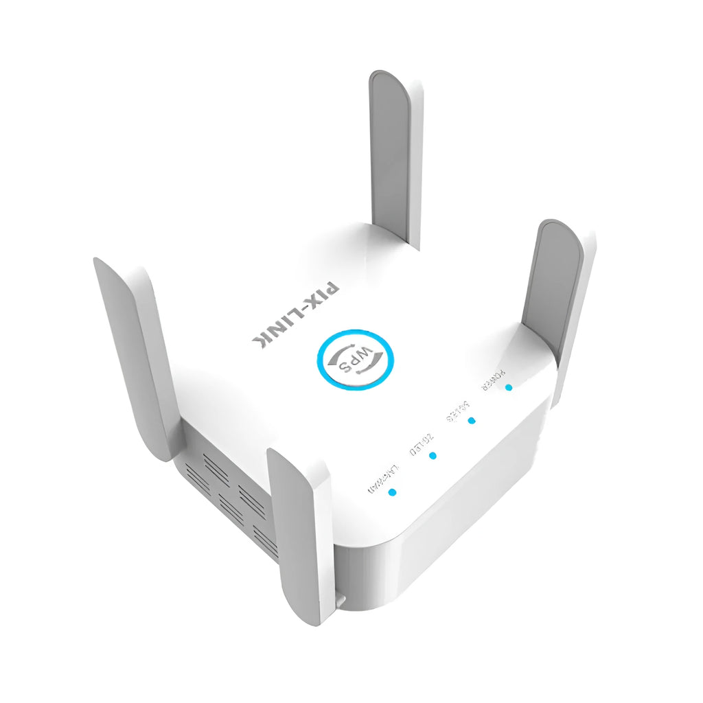 PIXLINK AC24 Dual Frequency Wireless WiFi Extender in black or white with regional power plug options.