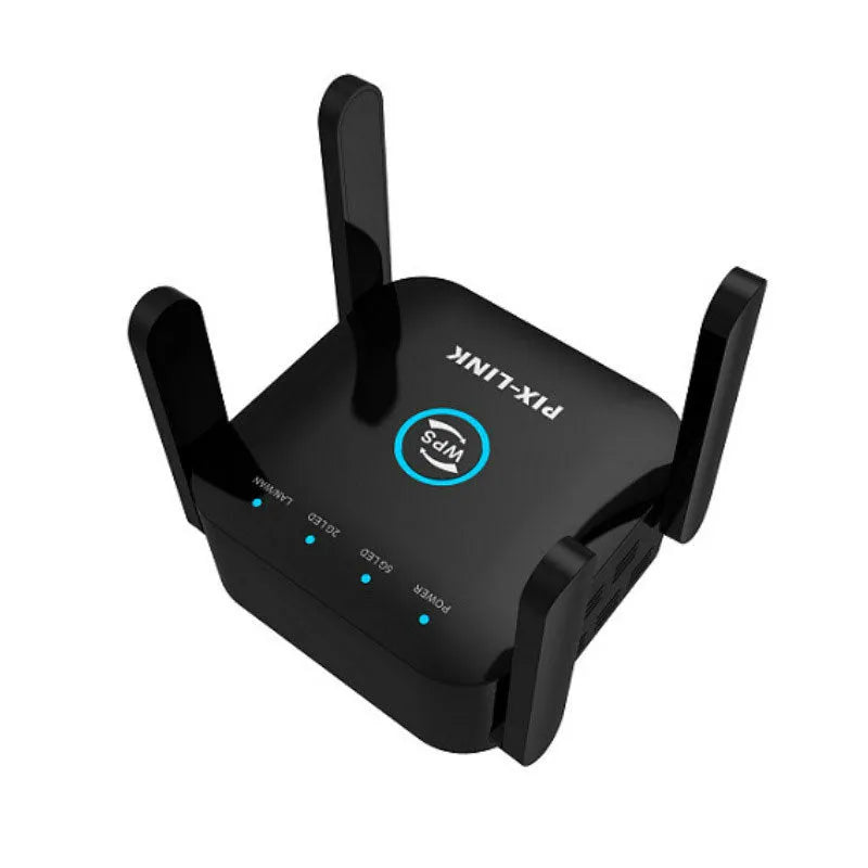 PIXLINK AC24 Dual Frequency Wireless WiFi Extender in black or white with regional power plug options.