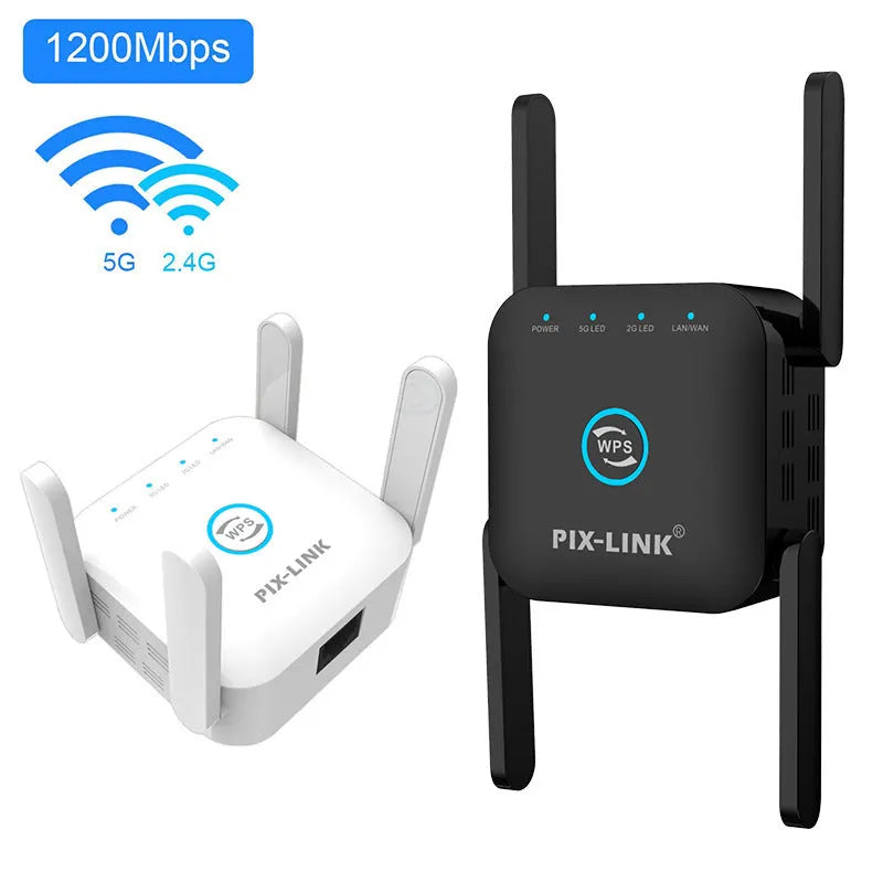 PIXLINK AC24 Dual Frequency Wireless WiFi Extender in black or white with regional power plug options.