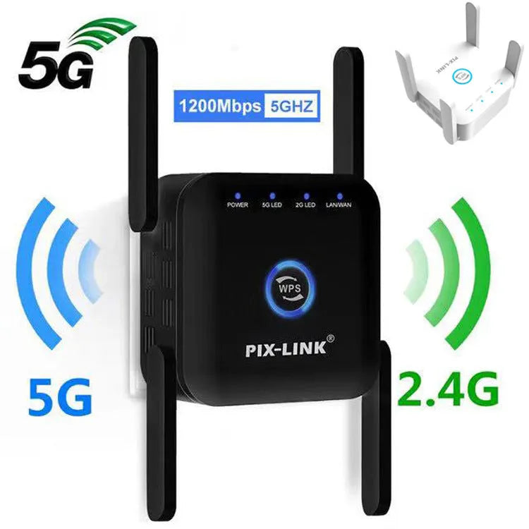 PIXLINK AC24 Dual Frequency Wireless WiFi Extender in black or white with regional power plug options.