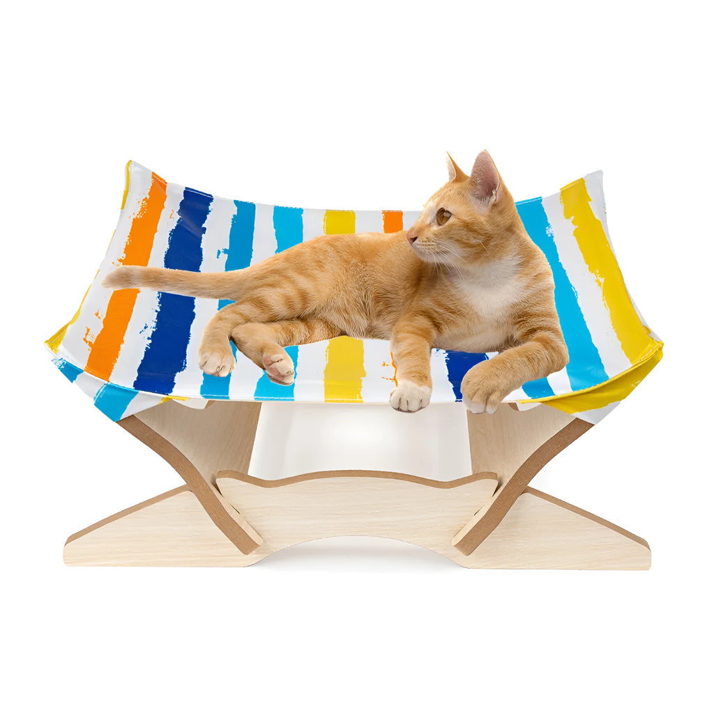 Wooden cat hammock with a striped passion stripe cloth cover on a wooden frame, sized for indoor cats