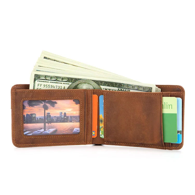 Brown head layer cowhide men's RFID-blocking slim leather wallet showing card slots and money compartment.