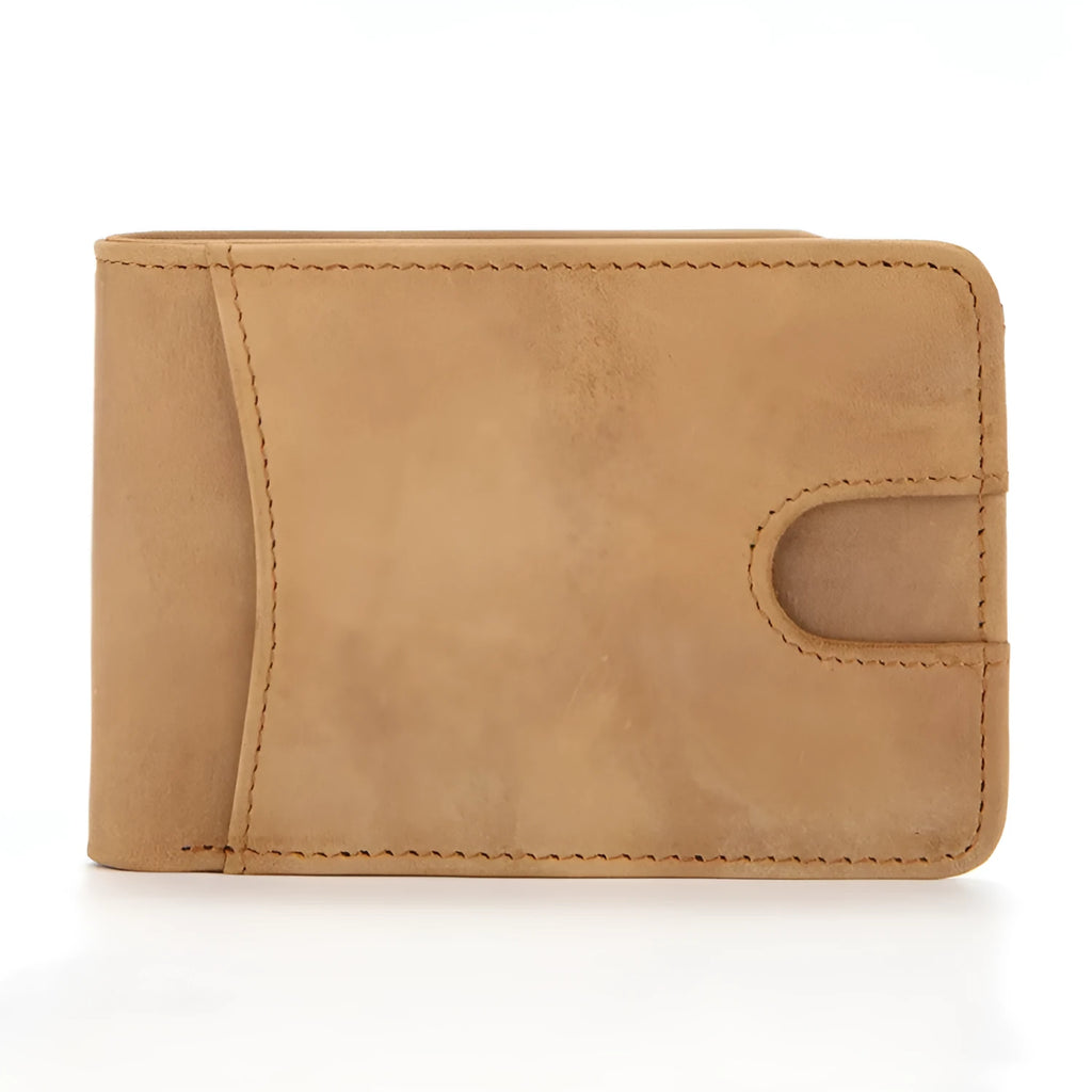 Brown head layer cowhide men's RFID-blocking slim leather wallet showing card slots and money compartment.