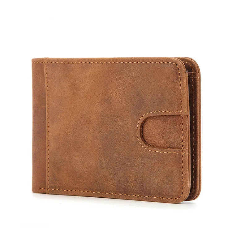 Brown head layer cowhide men's RFID-blocking slim leather wallet showing card slots and money compartment.