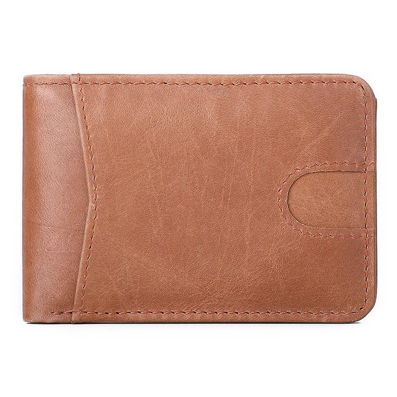 Brown head layer cowhide men's RFID-blocking slim leather wallet showing card slots and money compartment.