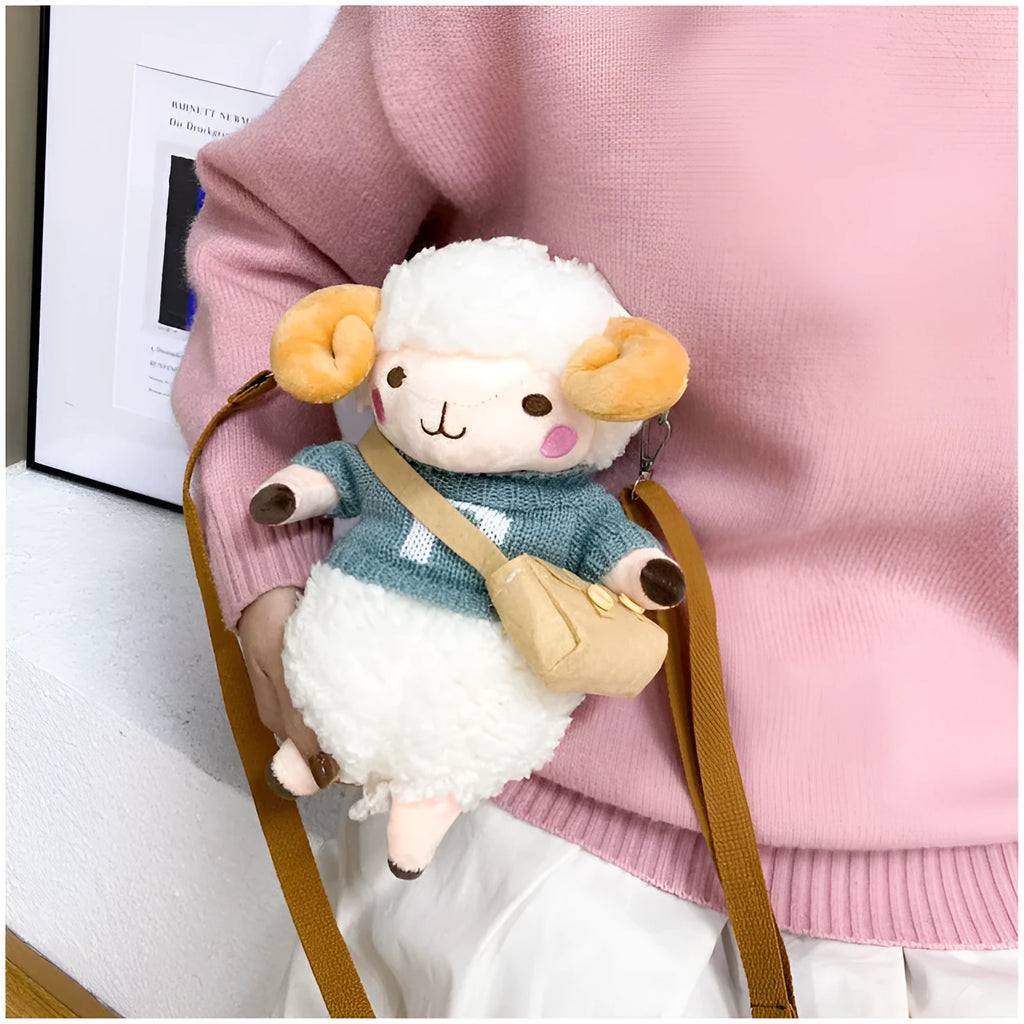 Little Sheep plush crossbody bag with lamb pattern in blue colour showing front zipper closure
