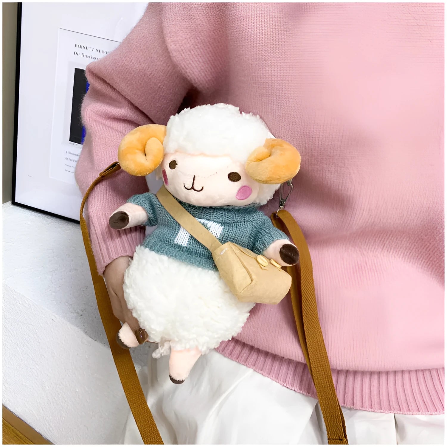 Little Sheep plush crossbody bag with lamb pattern in blue colour showing front zipper closure