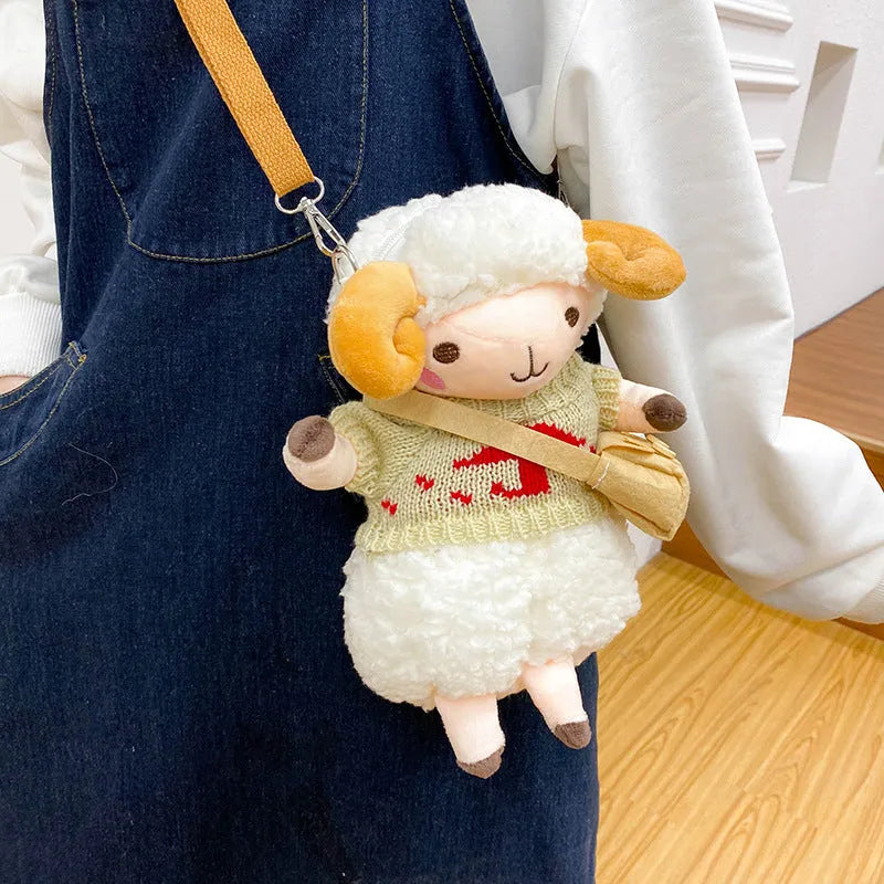 Little Sheep plush crossbody bag with lamb pattern in blue colour showing front zipper closure