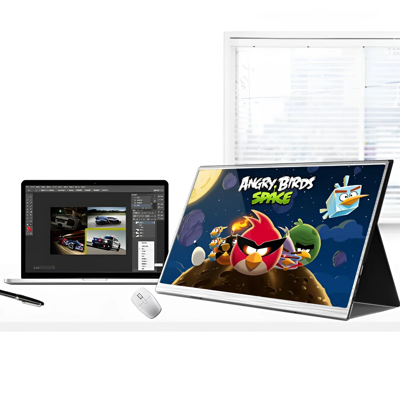 Zeuslap 15-inch portable IPS monitor showing gaming display with HDMI and USB-C cables