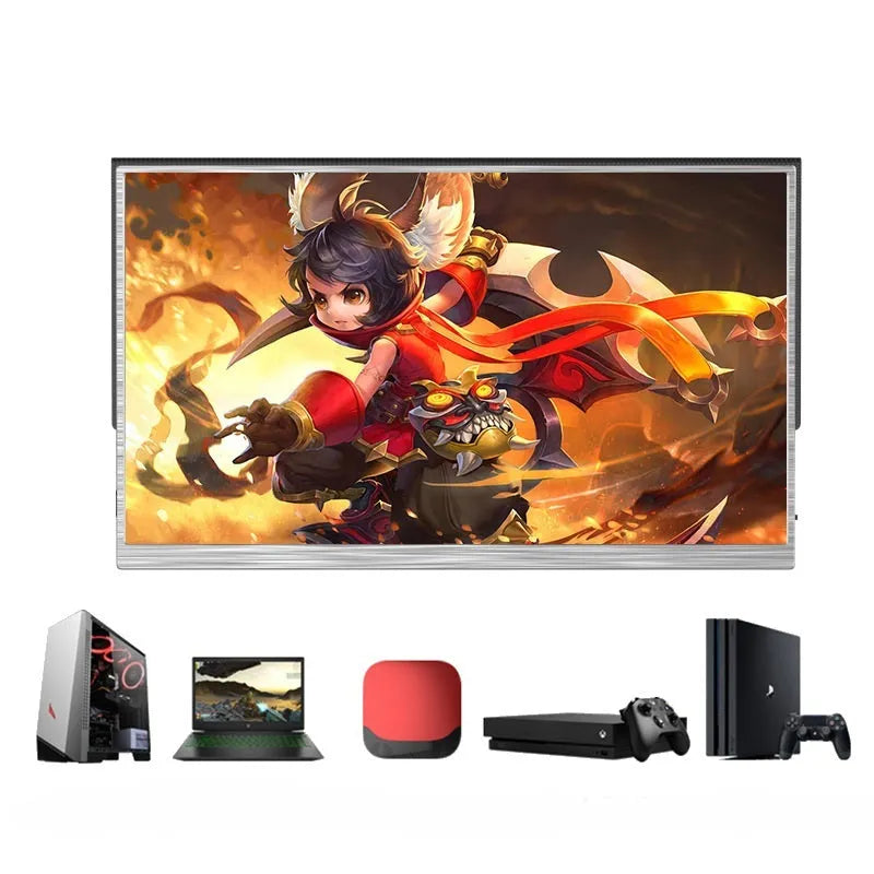 Zeuslap 15-inch portable IPS monitor showing gaming display with HDMI and USB-C cables