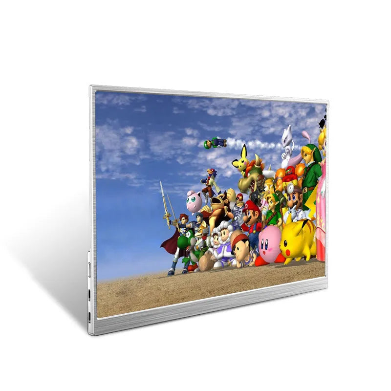 Zeuslap 15-inch portable IPS monitor showing gaming display with HDMI and USB-C cables