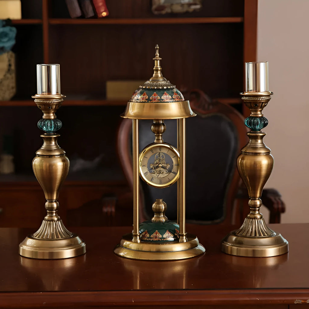 Nordic rectangular pendulum clock ornament with metal and glass construction showing pointer and LCD displays