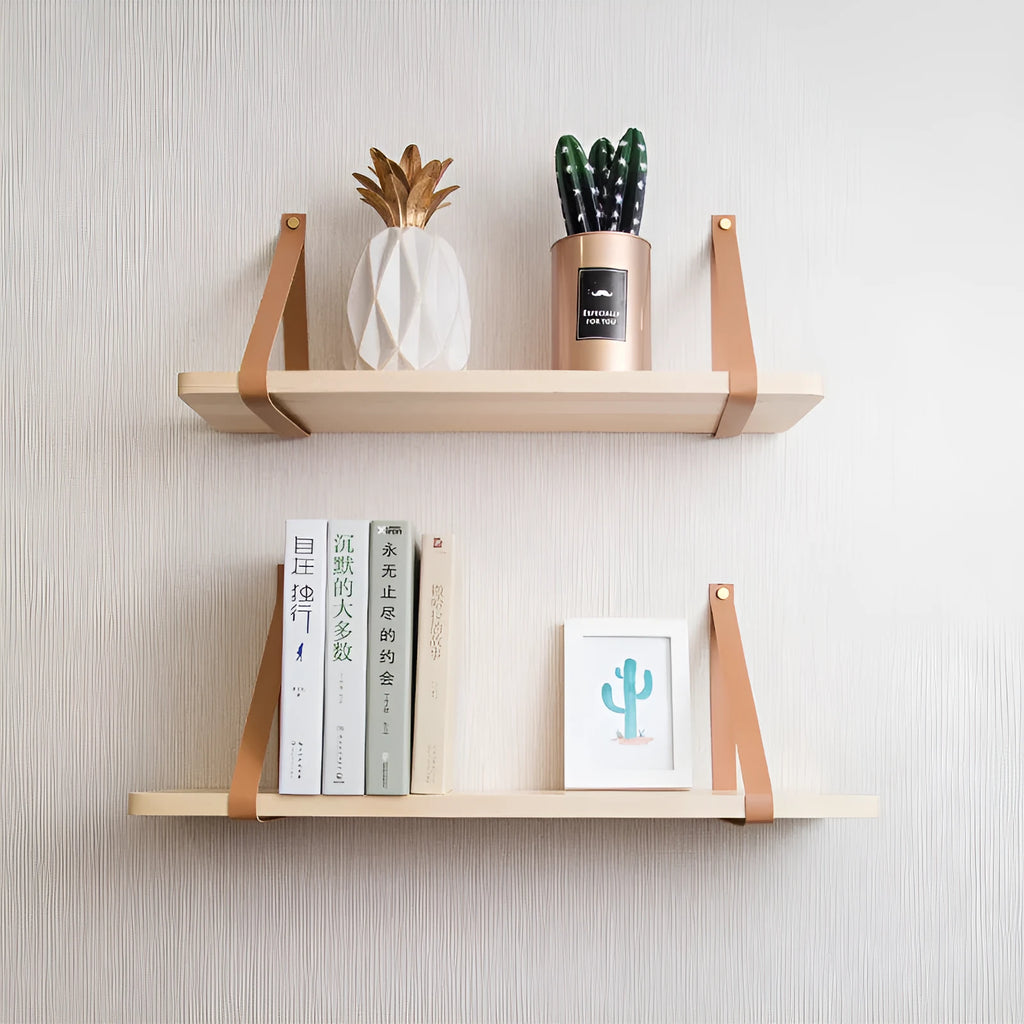 Nordic-style pine wood wall shelf for organising remotes, cards, and cosmetics