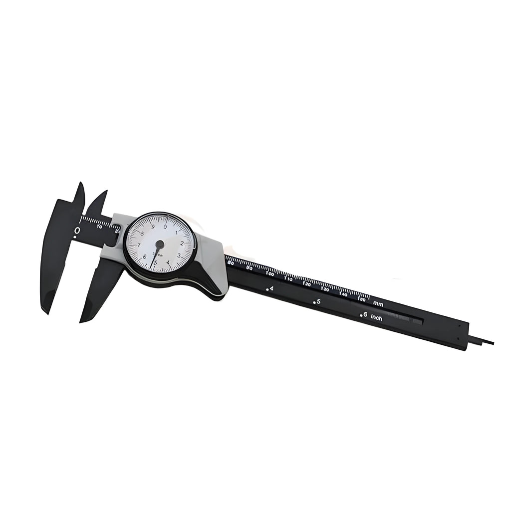 Black and white plastic vernier caliper showing 0-150mm range with 0.1mm accuracy markings