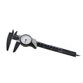 Black and white plastic vernier caliper showing 0-150mm range with 0.1mm accuracy markings