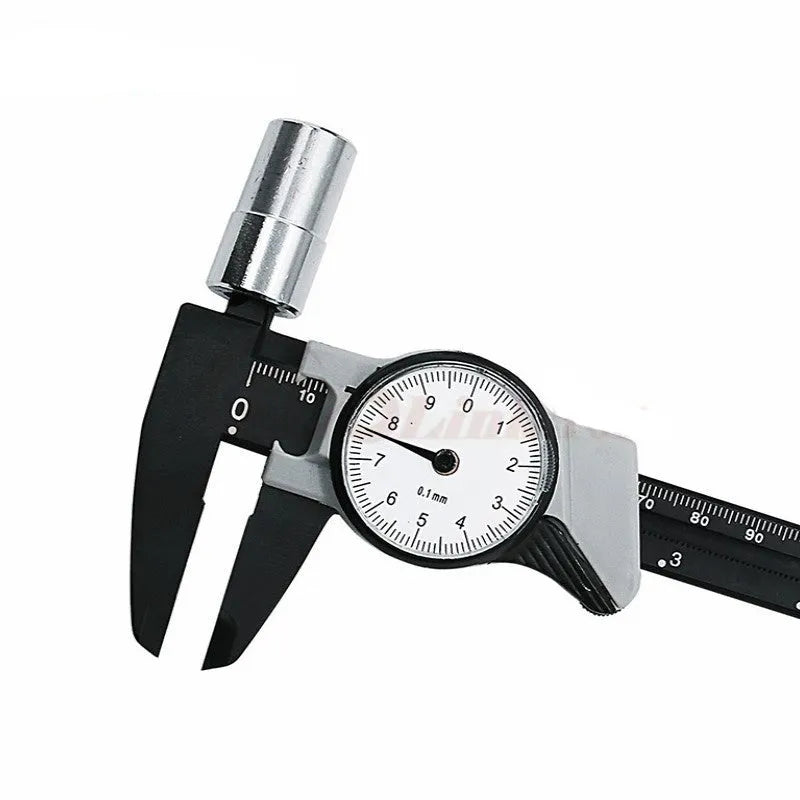 Black and white plastic vernier caliper showing 0-150mm range with 0.1mm accuracy markings
