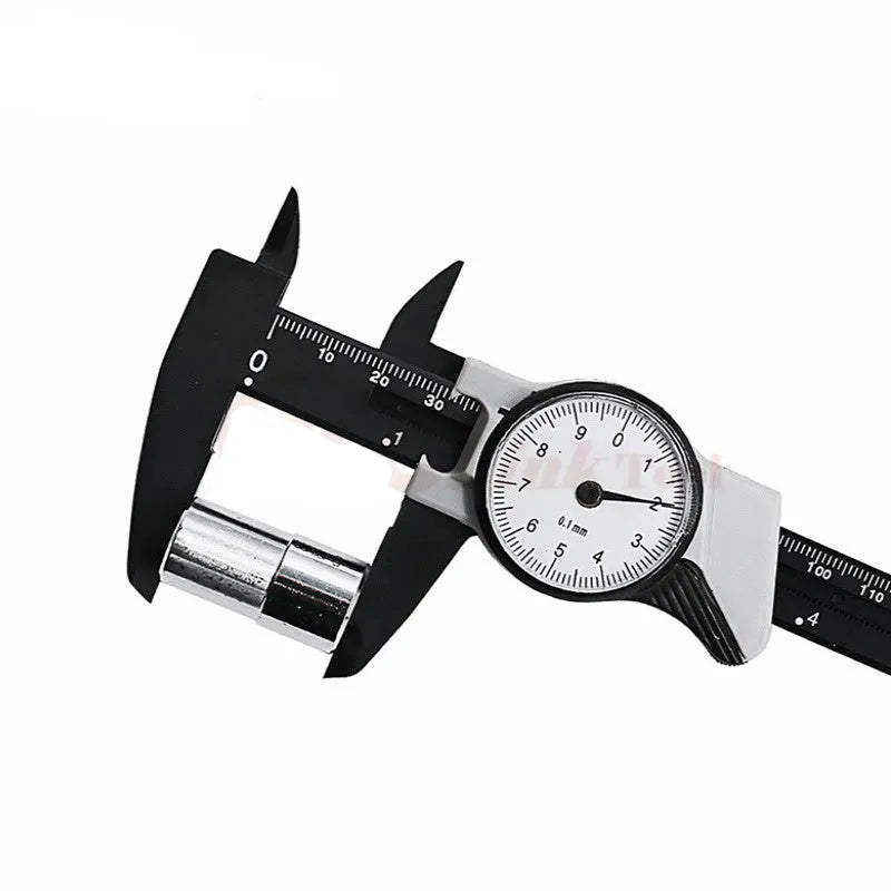 Black and white plastic vernier caliper showing 0-150mm range with 0.1mm accuracy markings