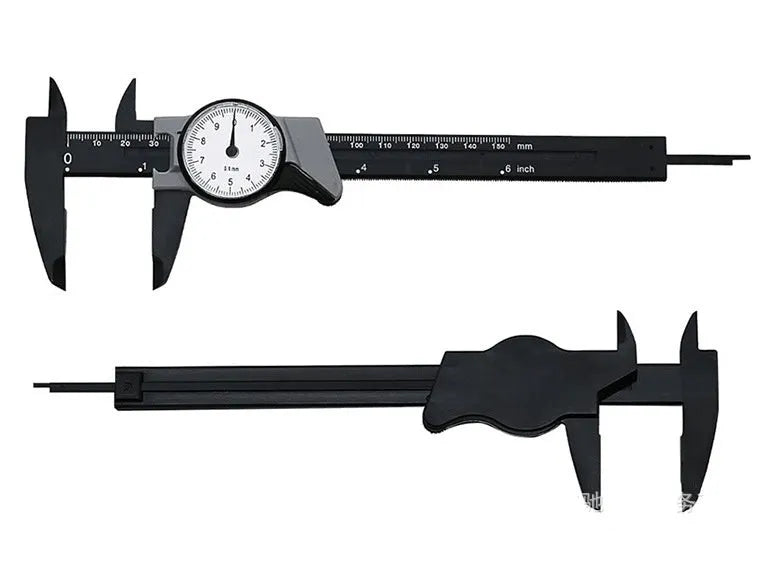 Black and white plastic vernier caliper showing 0-150mm range with 0.1mm accuracy markings