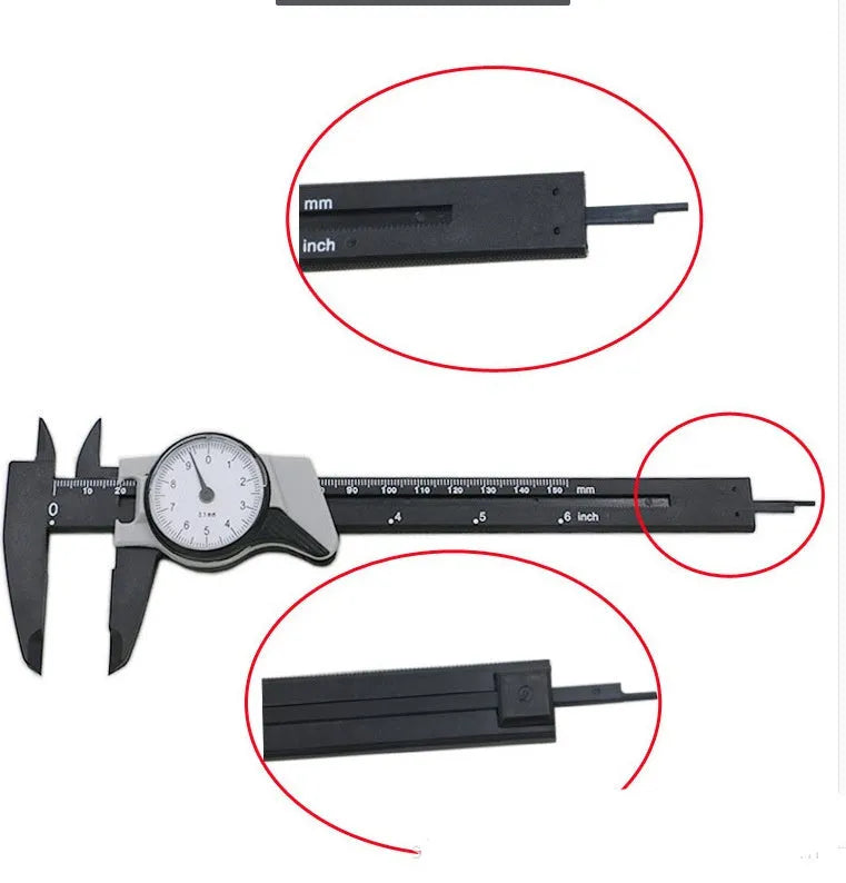 Black and white plastic vernier caliper showing 0-150mm range with 0.1mm accuracy markings