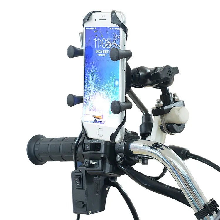 Black aluminium alloy motorcycle phone mount bracket for 3.5-6 inch mobile devices on handlebar