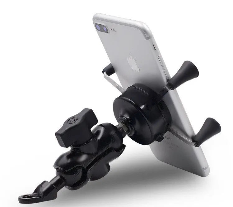 Black aluminium alloy motorcycle phone mount bracket for 3.5-6 inch mobile devices on handlebar