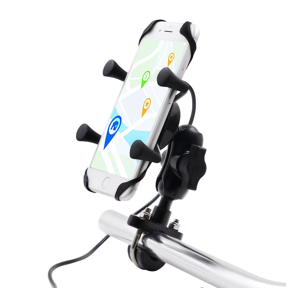 Black aluminium alloy motorcycle phone mount bracket for 3.5-6 inch mobile devices on handlebar
