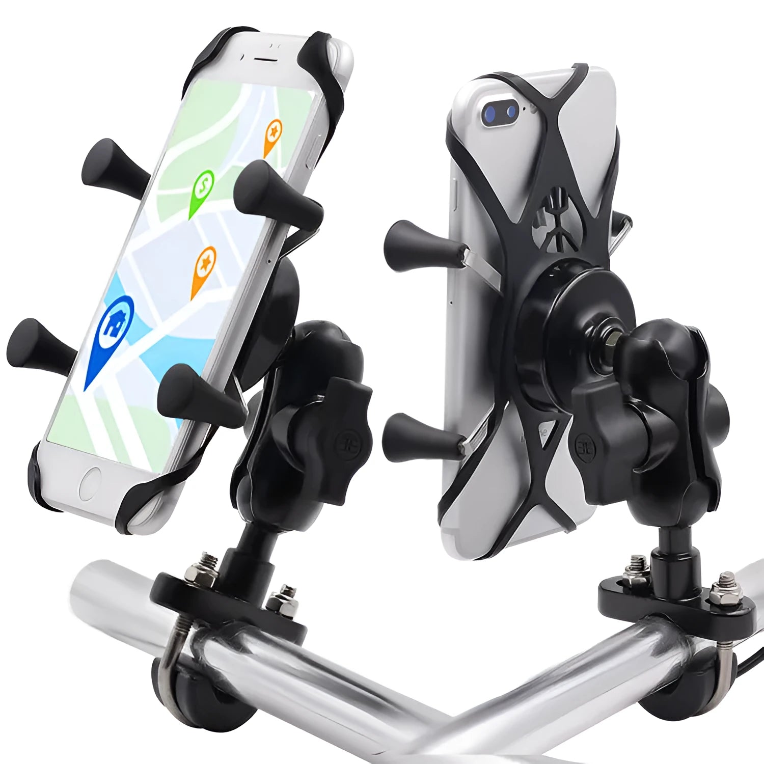 Black aluminium alloy motorcycle phone mount bracket for 3.5-6 inch mobile devices on handlebar