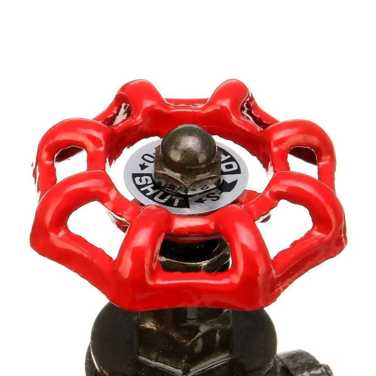 Grey-copper tee fitting connected to a red model 3/4 steampunk industrial light switch valve.
