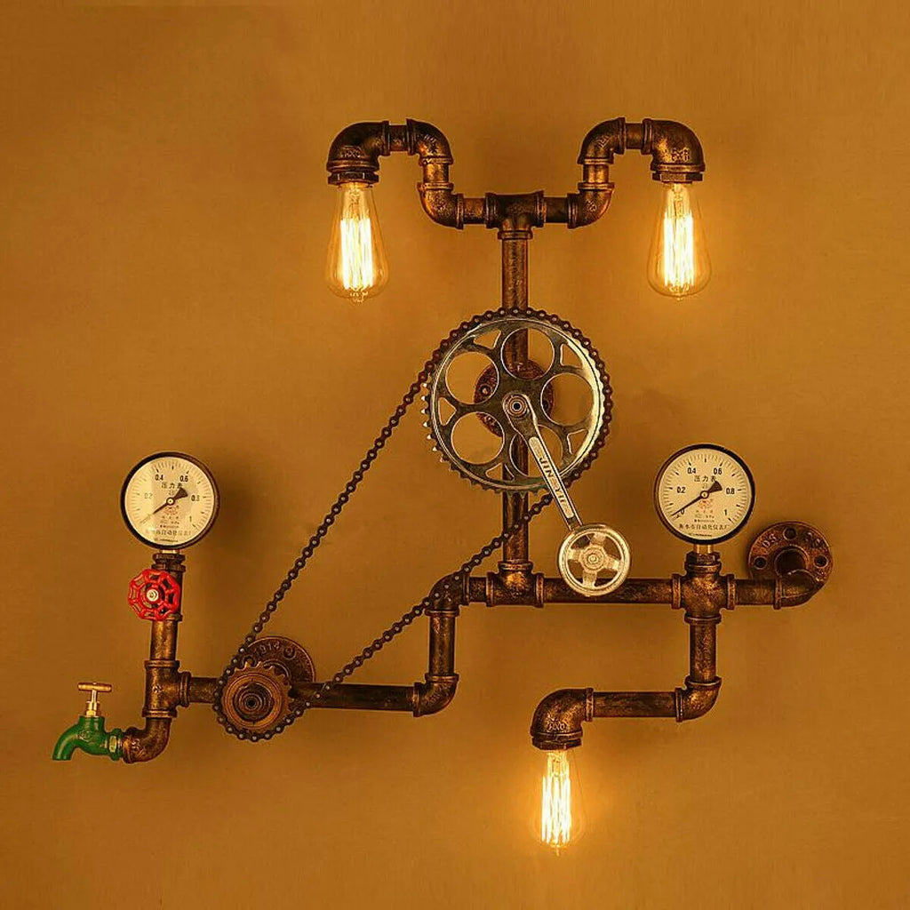 Grey-copper tee fitting connected to a red model 3/4 steampunk industrial light switch valve.