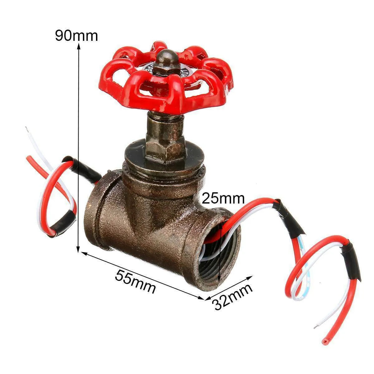 Grey-copper tee fitting connected to a red model 3/4 steampunk industrial light switch valve.