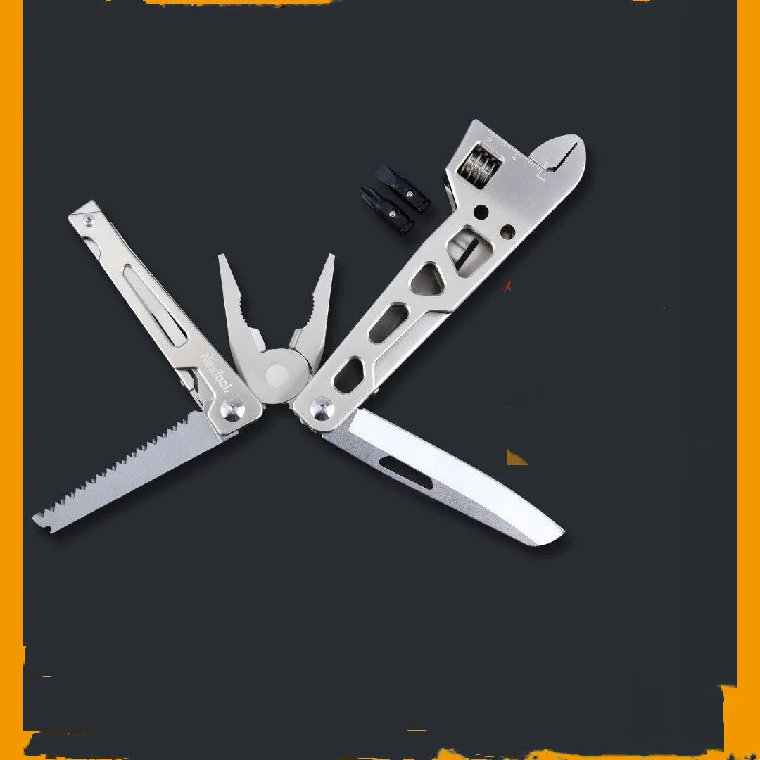 White stainless steel multi-function wrench knife with integrated needle nose pliers, showing 8cm blade.