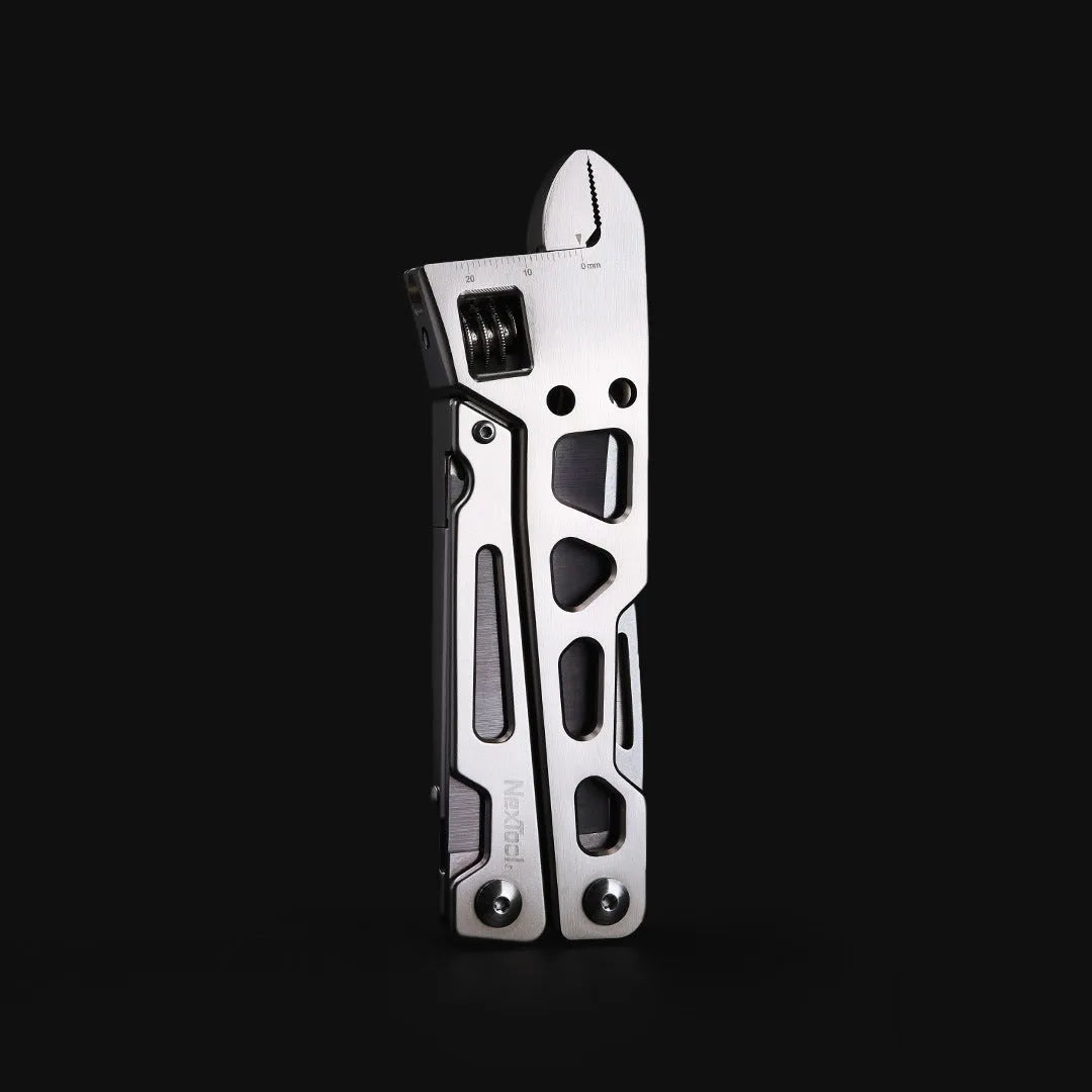 White stainless steel multi-function wrench knife with integrated needle nose pliers, showing 8cm blade.