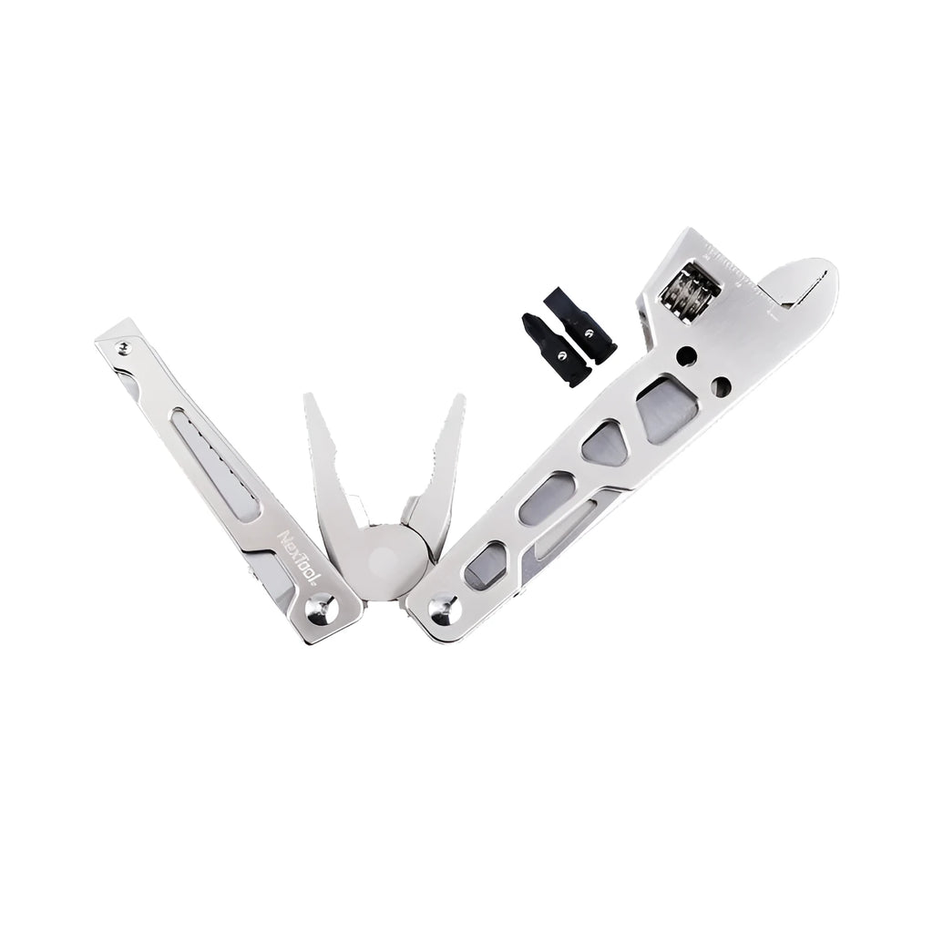 White stainless steel multi-function wrench knife with integrated needle nose pliers, showing 8cm blade.