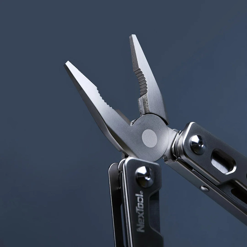 White stainless steel multi-function wrench knife with integrated needle nose pliers, showing 8cm blade.