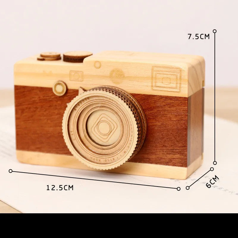 Solid pine wood rotating camera music box in cute mini carton packaging