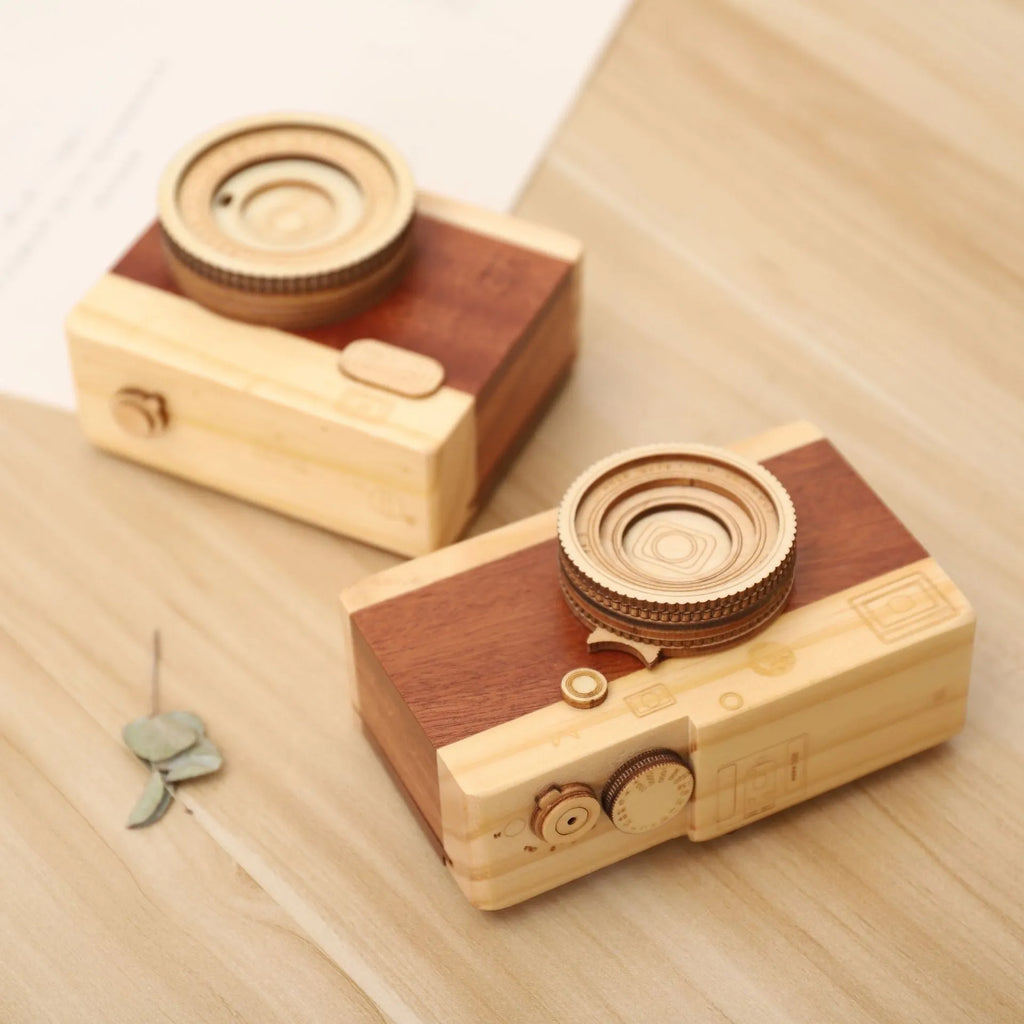 Solid pine wood rotating camera music box in cute mini carton packaging