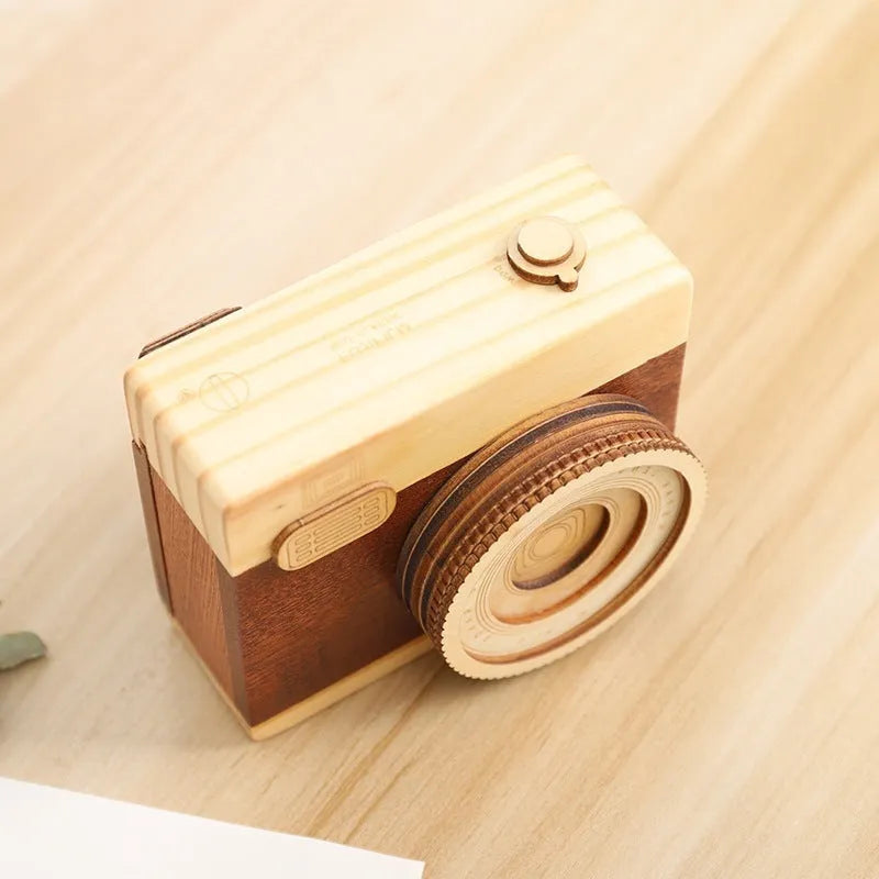Solid pine wood rotating camera music box in cute mini carton packaging