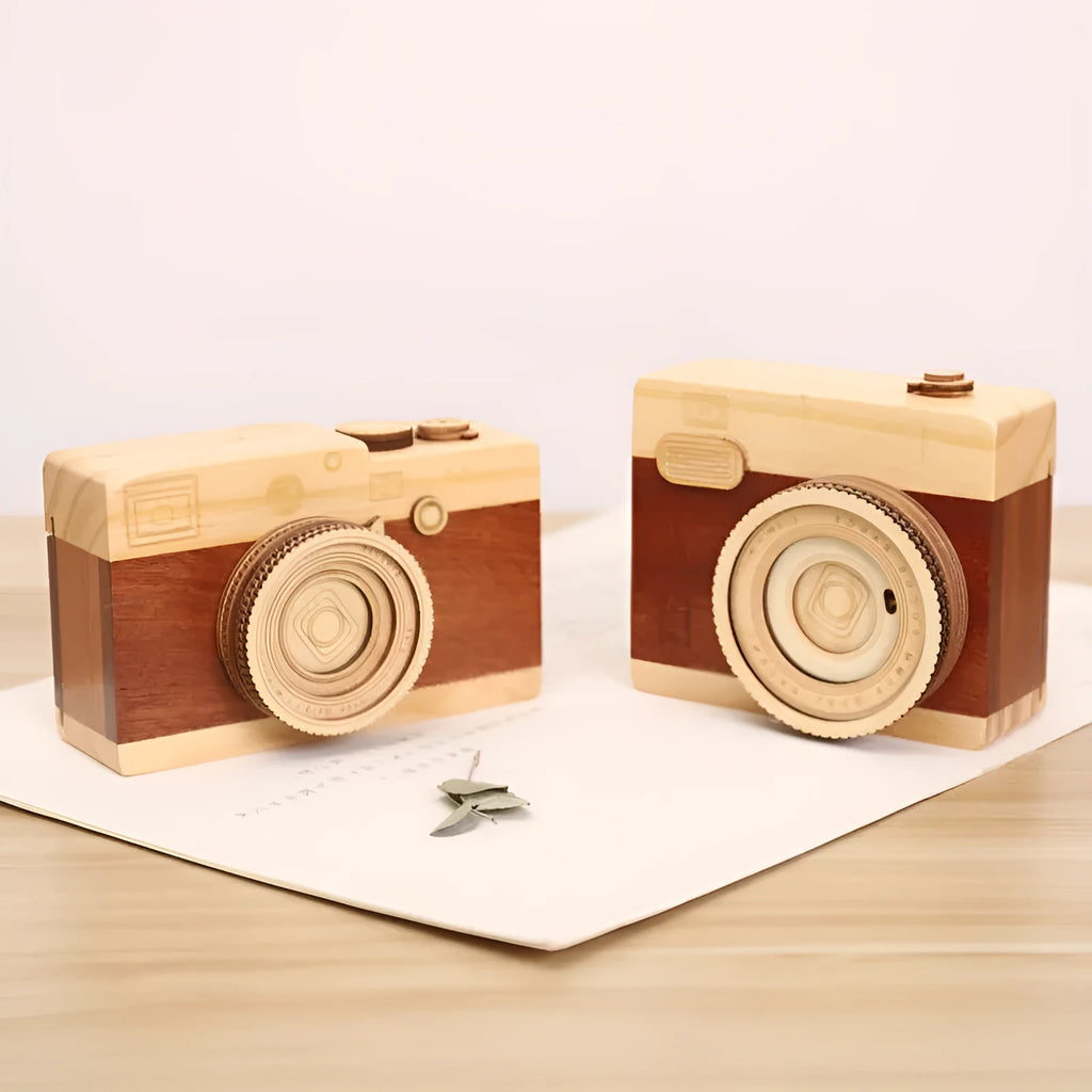 Solid pine wood rotating camera music box in cute mini carton packaging