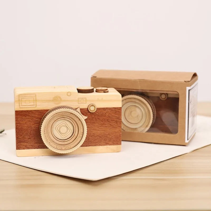 Solid pine wood rotating camera music box in cute mini carton packaging